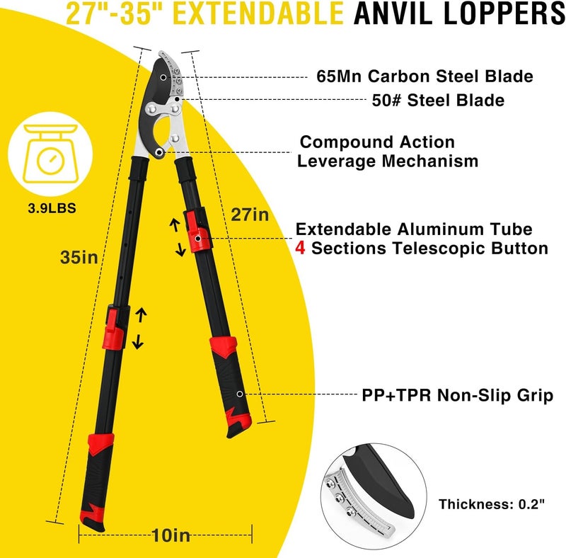 Yesker 27-35" Extendable Loppers for Tree Trimming Heavy Duty Tree Trimmer Bypass Loppers with Compound Action Sharp Anvil Blade up to 2 Inch Cut Capacity Branch Cutter Chops Thick Branches Ease - Image 3
